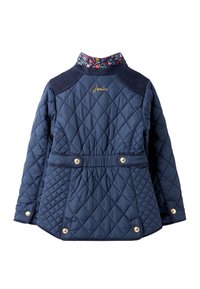 Chaqueta acolchada de color navy con cuello estampado de flores, detalles en dorado y cintura ajustada. Fabricación suave y texturizada con patrones de diamantes.