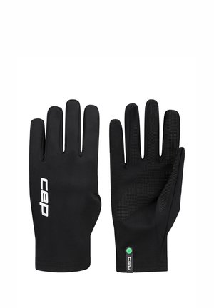Pair of black full-fingered gloves, one showing the back with "cep" logo, the other showing the palm with textured grip and small green tag.