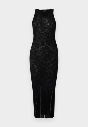 Black sleeveless ribbed knit midi dress with a slim fit and round neckline, displayed on a plain light background.