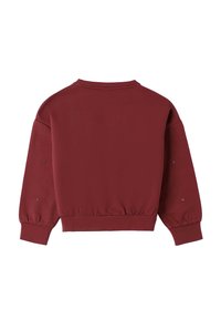 Felpa corta color marrone bordeaux con maniche lunghe, polsini e orlo elasticizzati. Tessuto liscio e morbido con dettagli decorativi vicino ai polsini.