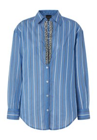 Camicia a maniche lunghe a righe blu con colletto, con scollatura a V decorata con perline e bottone frontale. Tessuto morbido con una superficie liscia.