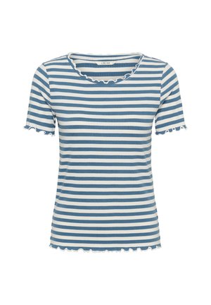 Svītraina t-krekls zilā un baltā krāsā ar īsām piedurknēm, ribota faktūra, viļņots kakla izgriezums un apakša. Izgatavots no mīksta auduma.