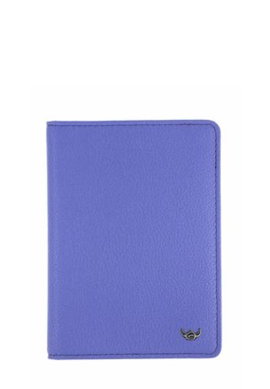 Purple textured leather wallet with rounded corners and small metal logo in the bottom right corner on a white background.