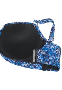 Modra nedrček s patternom in črnim notranjim delom, ki ima brezšivno zasnovo, nastavljive trakove in zaponko na strani.