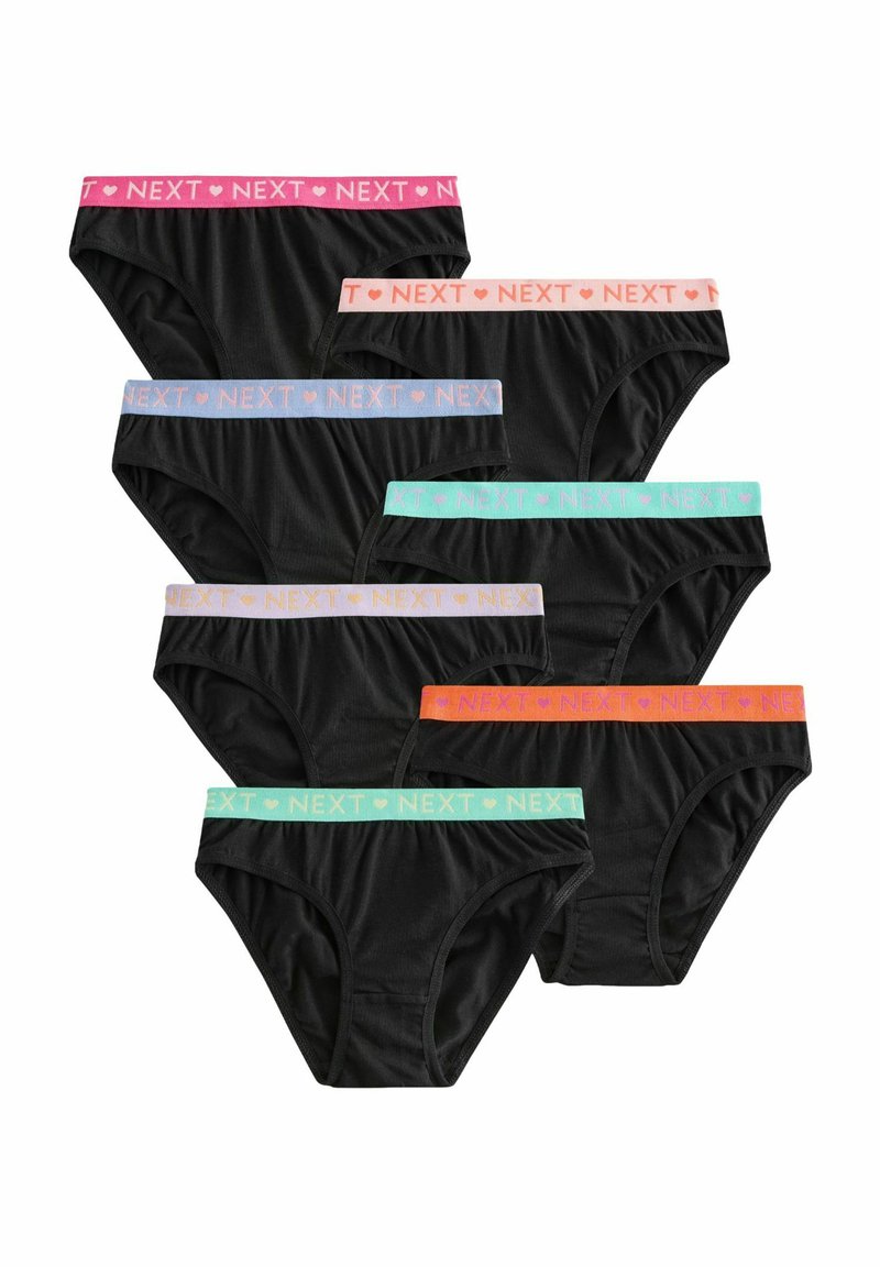 Ensemble de sous-vêtements en coton noir avec des ceintures élastiques colorées portant la mention "NEXT" en rose, orange, bleu et vert, avec une icône en forme de cœur.