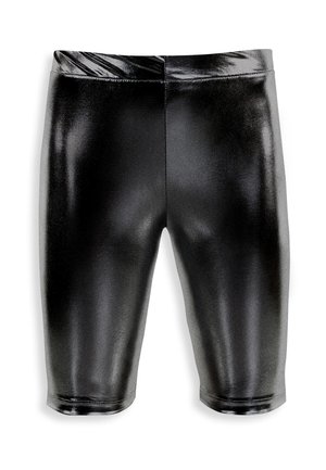 Czarne błyszczące, dopasowane szorty do kolan z gładkim, błyszczącym wykończeniem i wysokim stanem.