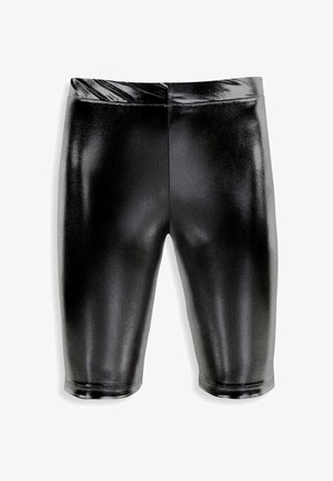 Shorts noirs brillants ajustés jusqu'au genou avec une finition lisse et brillante et une taille haute.