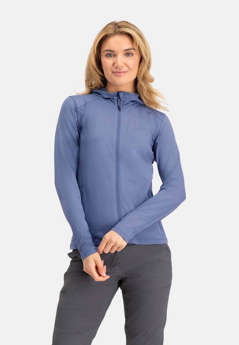 Lichte, hooded jas van zachtblauwe stof. Voorzien van een rits aan de voorkant, lange mouwen en zijzakken. Glad textuur met een minimalistisch design.