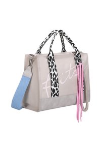 Gray canvas tote bag with leopard print straps, pink lettering, and a light blue adjustable shoulder strap. Features tassels for added detail.