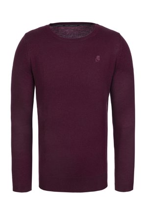 Burgundský pletený svetr s dlouhými rukávy a kulatým výstřihem. Na hrudi je jemné logo. Hladká textura a přiléhavý střih.