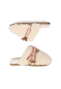 White fluffy slippers with a textured fur upper, beige sole, and decorative red and cream woven accents. Brand label visible on the side.