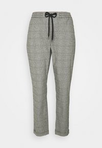 Grå rutig byxor med elastisk midja och svart dragsko. Tyget har en texturerad finish, skräddarsydd för en rak passform.