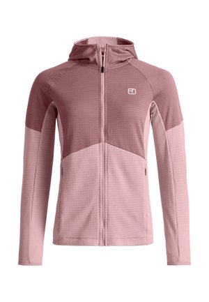 Damen-Langarm-Zip-Hoodie in zwei Rosatönen mit strukturiertem Stoff und Seitentaschen, versehen mit einem kleinen weißen Logo auf der Brust.