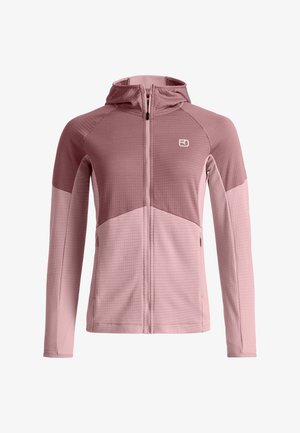 Damen-Langarm-Zip-Hoodie in zwei Rosatönen mit strukturiertem Stoff und Seitentaschen, versehen mit einem kleinen weißen Logo auf der Brust.