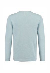 Camicia a maniche lunghe di colore azzurro chiaro, realizzata in tessuto morbido, con scollatura rotonda e cuciture semplici. Texture liscia senza motivi o dettagli.