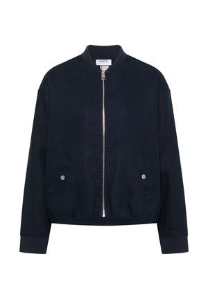 Mørkeblå bomberjakke med lynlås foran, ribstrikket krave og manchetter, to forlommer med trykknapper og elastisk kant.