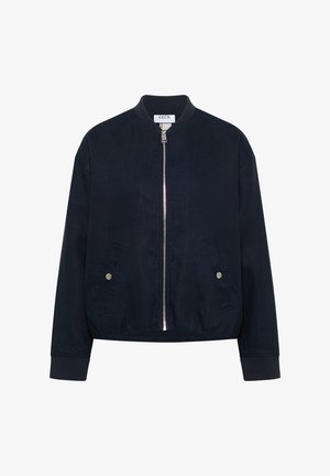 Mørkeblå bomberjakke med lynlås foran, ribstrikket krave og manchetter, to forlommer med trykknapper og elastisk kant.