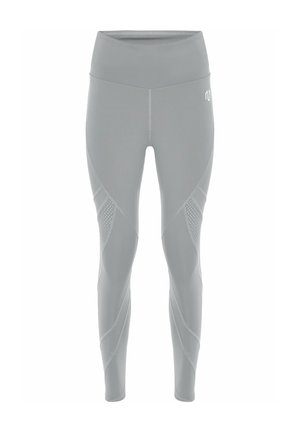 Vaaleanharmaat aktiivisesti käytettävät legginsit, joissa on korkea vyötärö, sileä pinta, verkkopaneelit ja sauma yksityiskohtia jaloissa hengittävyyden parantamiseksi.
