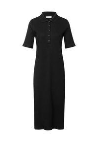 Musta ribbed polo-mekko lyhyillä hihoilla, jossa on kauluspääntie ja nappilista. Lattiapituinen ja vartalonmyötäinen.