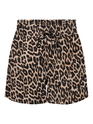 Højtaljede shorts med justerbart bånd i taljen, med et beige og sort leopardmønster.