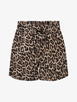 Højtaljede shorts med justerbart bånd i taljen, med et beige og sort leopardmønster.