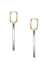 Orecchini a cerchio in oro e argento con una parte superiore rettangolare in oro e un elemento pendente verticale in argento, superfici lisce e lucidate.