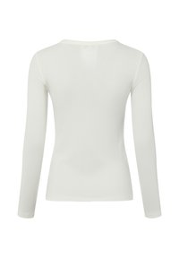 Langärmliges weißes geripptes Oberteil mit rundem Ausschnitt und figurbetonter Passform. Glatte Textur ohne sichtbare Muster oder Akzente. Rückansicht dargestellt.