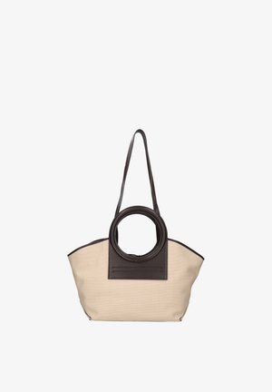 Borsa tote beige con manico circolare marrone scuro e lunghe tracolle, design semplice, in piedi su sfondo bianco.