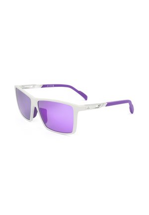 Occhiali da sole con montatura bianca, lenti con tonalità viola e aste viola, con un piccolo logo Adidas sulle tempie.