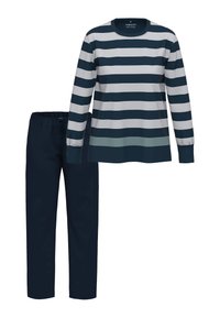 Långärmad randig pyjamasuppsättning med marinblå och ljusgrå ränder på överdelen; enfärgade marinblå byxor. Mjuk tyg, avslappnad passform.