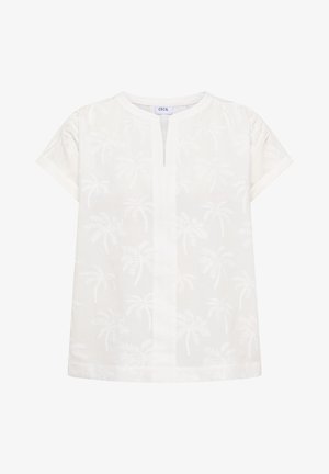 Witte blouse met korte mouwen, subtiele borduursel met palmboom, ronde hals met frontsplit en een losse pasvorm.