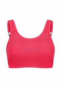 Roze sportbeha van een gladde, ademende meshstof. Hij heeft brede bandjes en een eenvoudig, naadloos ontwerp, geschikt voor actieve kleding.