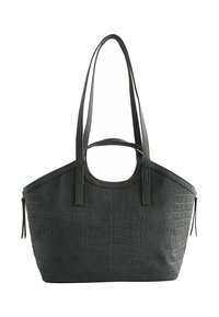 Schwarze, strukturierte Kunstleder-Tasche mit zwei langen Tragegriffen, einem runden Obergriff und einem Reißverschluss, versehen mit einem Krokodilleder-Muster.