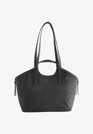 Black textured faux leather tote bag with two long handles, a round top handle, and a zip closure, featuring a crocodile skin pattern.