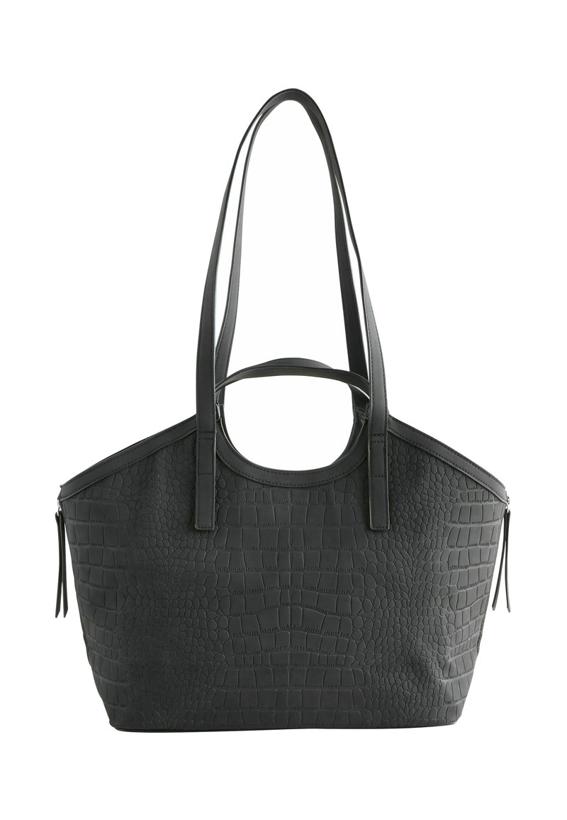 Schwarze, strukturierte Kunstleder-Tasche mit zwei langen Tragegriffen, einem runden Obergriff und einem Reißverschluss, versehen mit einem Krokodilleder-Muster.
