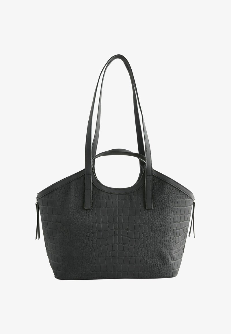 Schwarze, strukturierte Kunstleder-Tasche mit zwei langen Tragegriffen, einem runden Obergriff und einem Reißverschluss, versehen mit einem Krokodilleder-Muster.