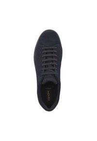 Zapatillas de ante azul marino con cordones planos, punta redondeada, suela de goma y el logotipo dorado "GEOX Respira" en el forro interior.