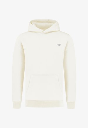 Cremfarbener Hoodie aus weichem Stoff, mit einer vorderen Kängurutasche und gerippten Bündchen. Einfaches Logo auf Brusthöhe.