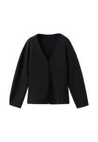 Čierny sveter s výstrihom do V, voľného strihu a širokými rukávmi. Vyrobený z jemnej látky; predná časť má minimalistický otvorený dizajn bez zapínania.