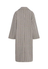 Cappotto a quadri lungo con motivo blu e beige, taglio dritto, maniche larghe e colletto, mostrato da dietro su uno sfondo bianco.