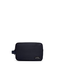 Námornícky modrý obdĺžnikový cestovný púzdro vyrobené z hladkej tkaniny, s uzáverom na zips, bočnou rúčkou a značkovou čiernou nášivkou.