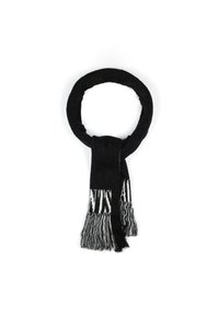 Écharpe noire en design en boucle, fabriquée en matériau doux avec des extrémités à franges. Présente un texte blanc audacieux et une finition texturée.