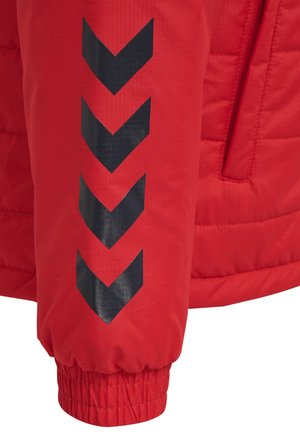 Roter gepolsterter Jackenärmel mit elastischer Manschette, der ein schwarzes Chevron-Muster vertikal entlang des Arms zeigt. Glatte, synthetische Textur.