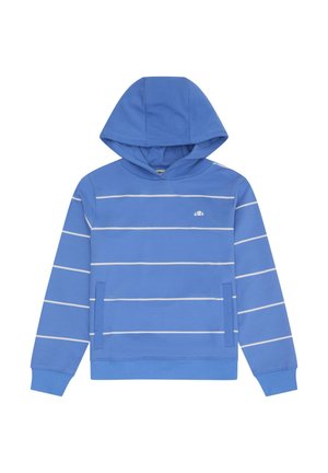 Blue hooded sweatshirt with thin white horizontal stripes, front pockets, and small white logo on chest.