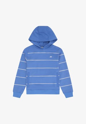 Modra majica s kapuco s tankimi belimi vodoravnimi črtami, sprednjimi žepi in majhnim belim logotipom na prsih.