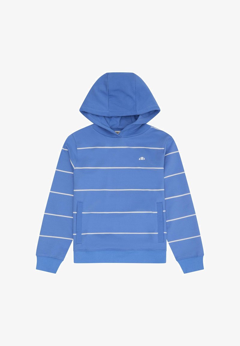 Sweat à capuche bleu avec fines rayures horizontales blanches, poches avant et petit logo blanc sur la poitrine.