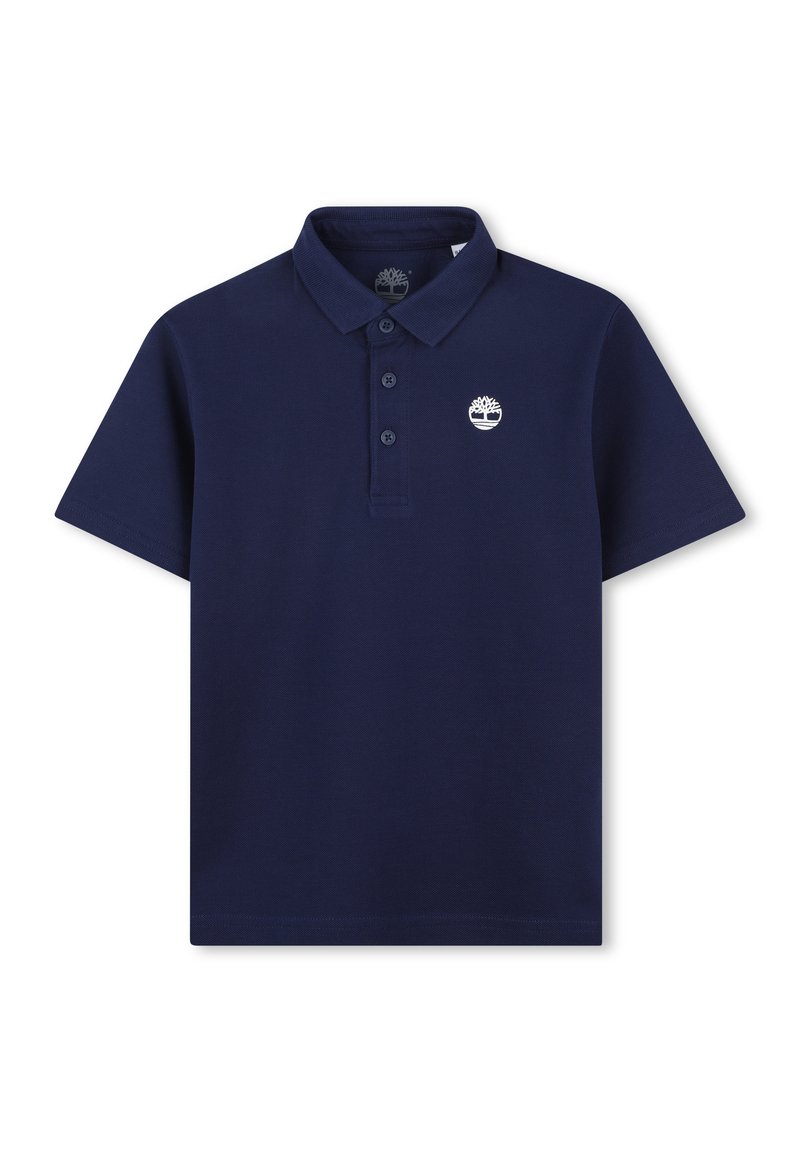 Polo shirt bleu marine, en mélange de coton, à manches courtes, avec patte de boutonnage à deux boutons, logo brodé sur la poitrine, tissu texturé.