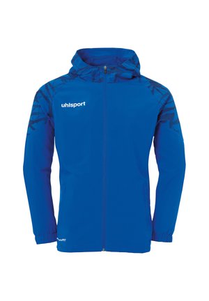 Blauwe waterdichte jas met een capuchon, voorzien van een geometrisch patroon op de schouders, elastische manchetten en een logo op de borst. Lichtgewicht stof.