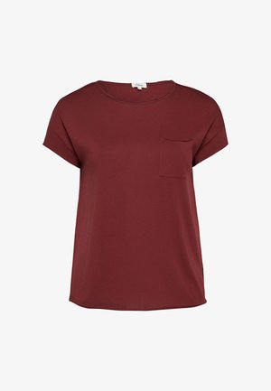 T-shirt bordeaux uni à manches courtes, col rond et petite poche poitrine sur fond uni.