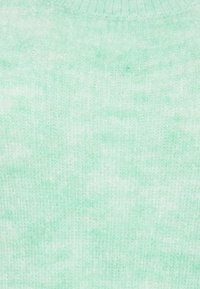 Maglione verde menta chiaro con un motivo di maglia testurizzato e colletto a girocollo a coste. Il materiale sembra morbido e leggermente peloso.